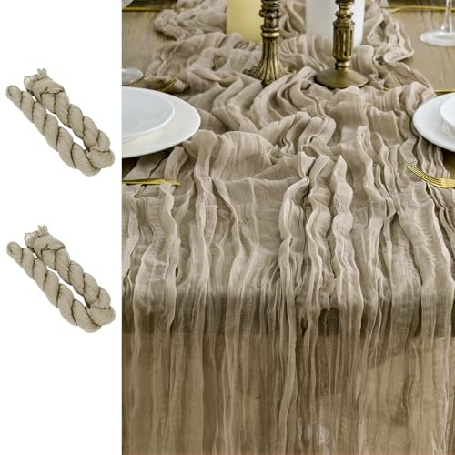 LUKDUNG 2 Stück Tischläufer, Seihtuch Tischläufer, Boho Gaze Stoff Käsetuch, Rustikaler Tischdecke für Hochzeitsdeko Tischdeko, 90 x 300 cm (Braun, 90 x 300 cm, 2 Stück)