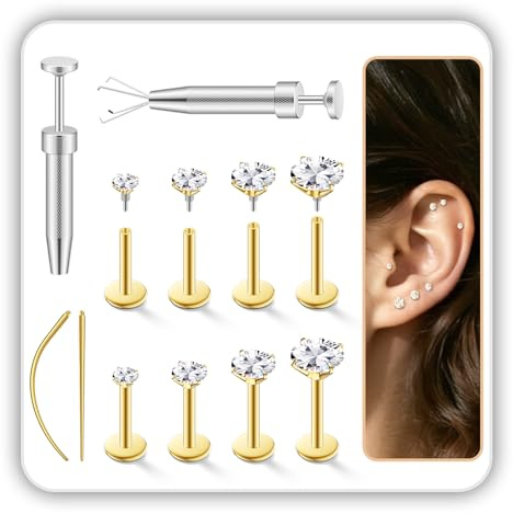16G Flat Back Stud Earrings for Women Men Set - Hypoallergenic Surgical Steel Internal Thread Tragus Helix Cartilage Conch Nose Piercing Jewelry - Be Equipped With Piercing Ball Grabber Tool (Gold)