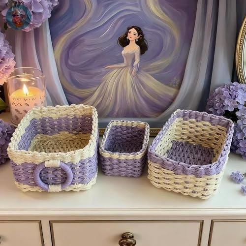 Modern Granny 2 Toned Recycled Paper Rope Storage Baskets Set of 3 Boho Small Organizer Bins for Home Shelves