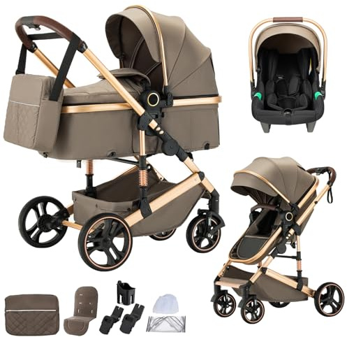 BEBBY BEBBY Cochecito de bebé 3 en 1,Carricoche Combinado Paisaje Alto Marco de Aluminio Para Recién Nacido0-22KG,Portátil Carrito Bebe 3 en 1 Con Asiento De(H9-BROWN, H9)
