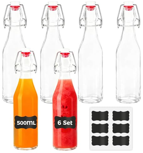 YOMKILU Set da 6 Bottiglie Vetro 500ml, Bottiglie Costolata con Tappo Ermetico e 6 Etichette, Riutilizzabili Bottiglie Vuote per Birra, Olio, Succhi, Soda