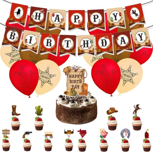 Fuwraixis Decoracione con globos de Western cowboy, Set de decoración para fiesta de Vaquero del Oeste, Incluye Cumpleaños Banner, Adorno para tartas y Globo de látex(28 piezas)