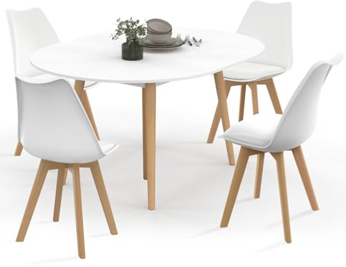 IDMarket - Set ausziehbarer runder Esstisch Angela weiß Holzfuß 110-150 cm und 4 Stühle SARA weiß