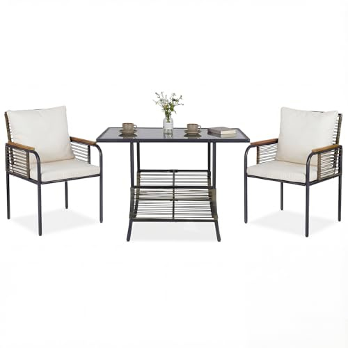 COSTWAY Salon de Jardin en Rotin 3 Pièces Gain de Place (Marron+Beige) | Ensemble Patio avec Charge 150KG, Coussins, Table Rectangulaire et Chaises pour Jardin Balcon Cour