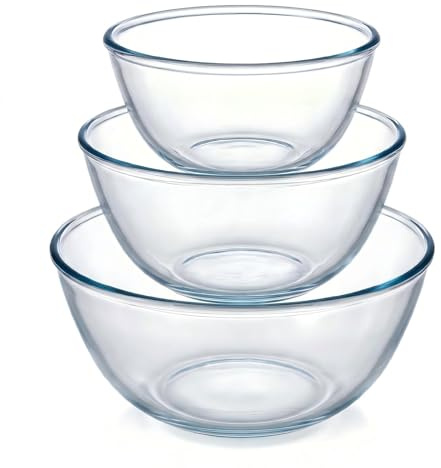 BECFISH Borosilicate Glass Mixing Bowls, Set of 3 (2.8, 2.2, 1.1QT) - Heavy-Duty, Scratch Resistant & Lead-Free. Oven, Microwave, Dishwasher & Freezer Safe. Ideal for Meal Prep, Baking, Serving.