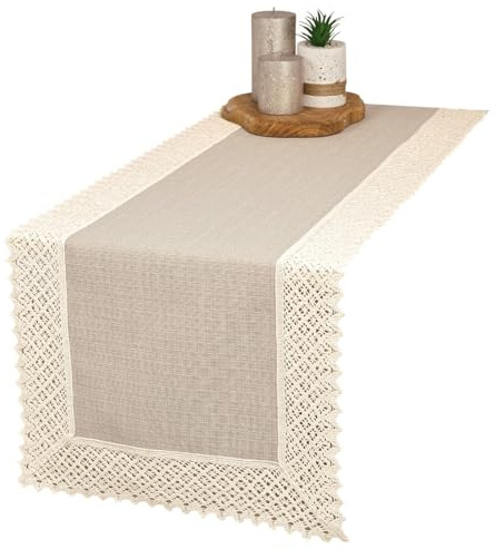 invitta Tischläufer mit Spitze 40x80 cm Beige-Ecru Meliert in Leinenoptik mit 7cm Baumwollspitze - Baumwolle Polyester 230g/m² Schwere Qualität, Fleckschutz mit Lotuseffekt, Elegante Tischwäsche