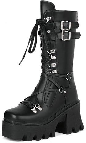 Bottes De Combat Femmes Talon Épais Gothique Punk Plateforme Rave Avec Décor Métallique Semelle Compensée Bout Rond Mi Mollet Ou Genou Chaussures Moto Pour Halloween Festivals Musique Cosplay