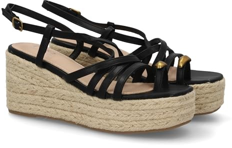 shoes&blues.es Sandalia de Mujer con Cuna Alta de Esparto y Plataforma, Diseno de Tiras Finas Cruzadas y Pulsera con Cierre de Hebilla. Detalle metalico Decorativo Uso Diario Primavera Verano