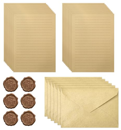 Vintage Letter Writing Set, 6 Envelopes, 20 Kraft Lined Papers, 6 Wax Seal Stickers, Elegant Stationery for Weddings, Birthdays, Greeting Cards(Combination 5)