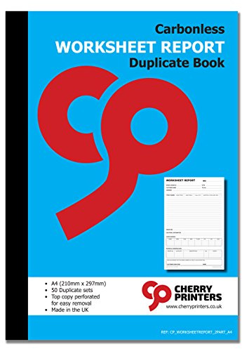 Cherry Printers | Worksheet Report 2pt A4 | Duplicate Job Sheet Book | 50 Numbered Sets | Contractor Job Sheets | Service Engineer Worksheet Pad | Perforated Work Order Book UK