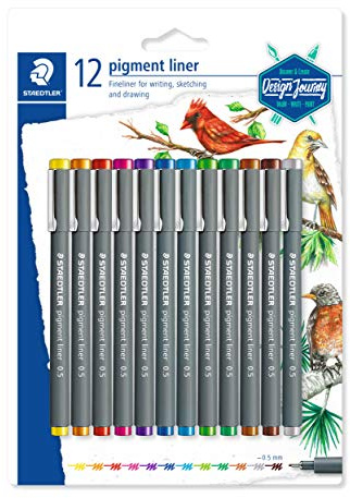 Staedtler Pigment Liner Colour, Feutres fins à encre colorée pigmentée infalsifiable pour écrire et dessiner, Pointe fine de 0.5 mm, Étui blister avec 12 feutres de couleurs différentes, 30805SBK12
