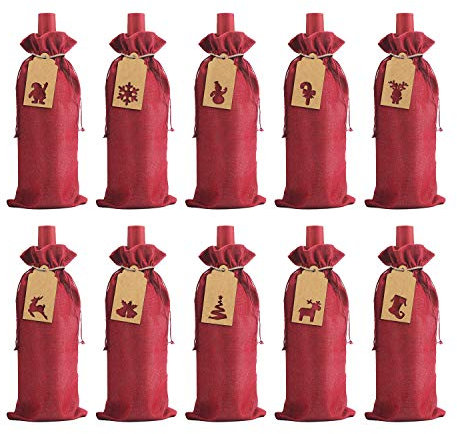 LOKIPA Burlap Wine Gift Bags, 12 Pcs Jute Wine Bottle Bags with Drawstring,Reusable Wine Bottle Covers with String and Tag for Christmas