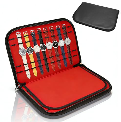 HERCHR Estuche de almacenamiento de reloj de cuero portátil de viaje con 20 ranuras con cierre de cremallera para hombres, 15.7 x 10 pulgadas