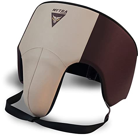 Mytra Fusion Groin Guard Boxing Groin Guard for MMA, Muay Thai, Kickboxing and Martial Arts Abdominal Protector for Training, Sparring, Grappling, Taekwondo and Fighting (Brown/Beige, S/M)