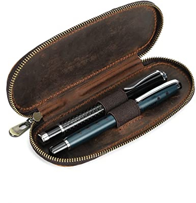 Hiram Leder-Füllfederhalter-Etui, Tragbare Stiftebox mit Reißverschluss-Design, Lederetui für 2 Füllfederhalter (Kaffee)