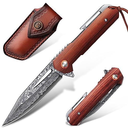 Purple Dragon Damast Couteau de poche pliant Couteau d'extérieur avec lame en acier damassé VG10,manche en bois,étui en cuir,Idéal pour le camping,la randonnée,la survie,la collecte ou le cadeau