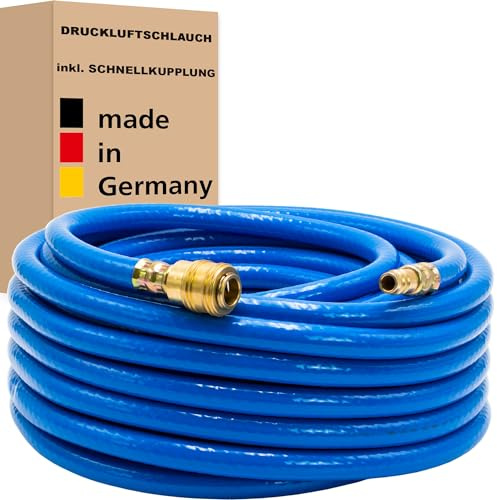 Druckluftschlauch inkl. Schnellkupplung (1/4) Druckschlauch Luftschlauch Gewebeschlauch Kompressorschlauch- Made in Germany (9 x 14 mm - 20 m, Blau)