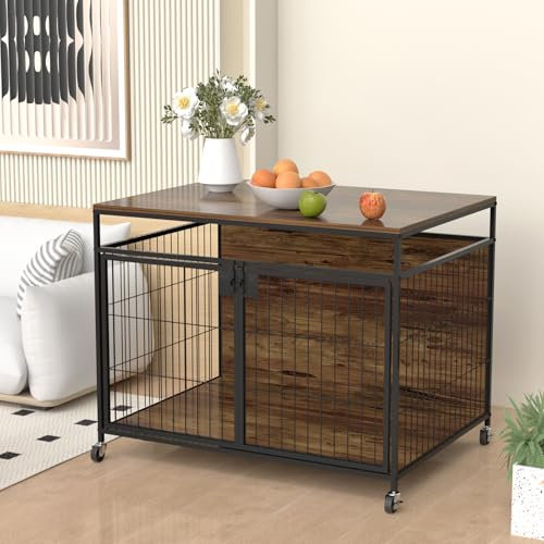Dog Crate Furniture for Large Dogs, Wooden Dog Kennel with Double Doors, Heavy Duty End Table Dog Crate for Dogs Indoor, Rotating Wheels or Foot Pads,39.4 L x 28.3 W x 31.7 H (Large)