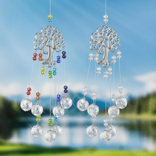 Lot de 2 attrape-soleil en cristal - Arbre de vie - Avec pendentif en boule de cristal - Décoration de fenêtre - Arc-en-ciel - Décoration à suspendre - Pour fenêtre de jardin