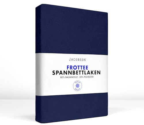 Jacobson Premium FROTTEE Spannbettlaken Spannbetttuch Bettlaken Baumwolle ca. 200g/m² (180-200x220cm + 40cm, Dunkelblau)