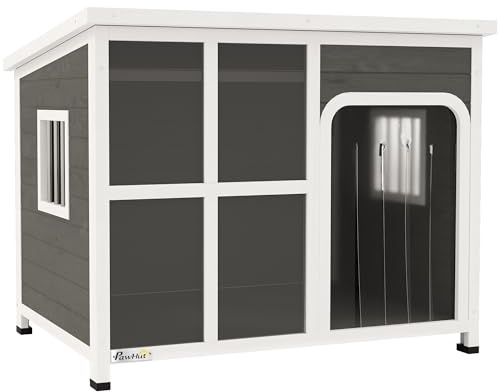 PawHut Outdoor Dog Kennel, Wooden Dog House with Asphalt Openable Top, Removable Floor, Clear Front Panel, Curtain, Windows, Dog Shelter for Small, Medium, Large Dogs, 103 x 77 x 83cm, Light Grey