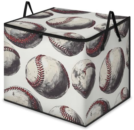 Mintoprints Bolsas de almacenamiento grandes de béisbol blanco, compartimento de almacenamiento de ropa, organizador plegable, contenedor de almacenamiento con asa para ropa, manta, edredón