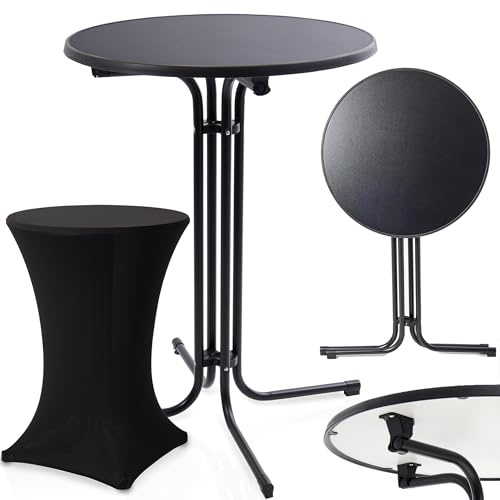 Onbest Stehtisch klappbar – mit festlicher Husse – 110cm hoch – Ø80 cm Tischplatte – rund– für In- & Outdoor –Bistrotisch – Biertisch – Gartentisch - Gartentisch Klapptisch (Schwarz)