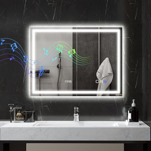 HOMCOM Badspiegel mit Beleuchtung 80x60 cm LED Spiegel Wandspiegel mit Bluetooth-Musikfunktion Memory-Funktion Uhr 3 Lichtfarben Beschlagfrei Lichtspiegel mit Touchschalter Silber