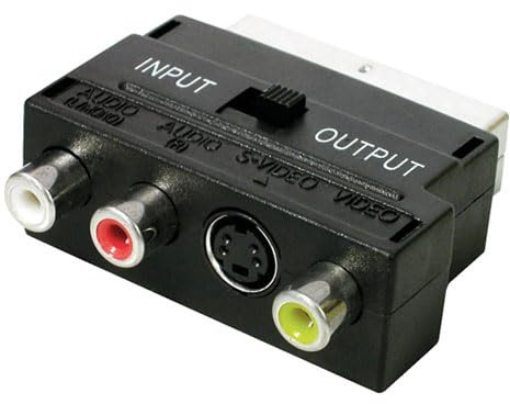 VoltShine Adaptador Euro 2 + 1 RCA A/V + SVHS, ideal para conectar dispositivos audiovisuales y transferir video y audio.