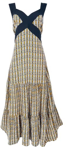 GURU SHOP Boho Sommerkleid, Maxikleid, Strandkleid - Curry/schwarz, Damen, Synthetisch, Size:L