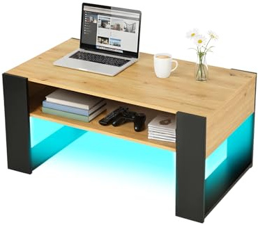 ZZINOKE Table Basse avec LED et Rangement, Table de Salon Bois, Table de Canapé Moderne avec Pieds en U, Rectangle, 92 x 47 x 45 cm, Bois et Noir