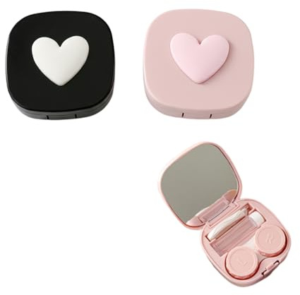 Homelytic Portable Contact Lens Case Set, 2-Pack Heart-Shaped Travel Storage Kit with Mirror, Black and Pink Macaron Colors, Compact Eyewear Organizer for Daily Use
