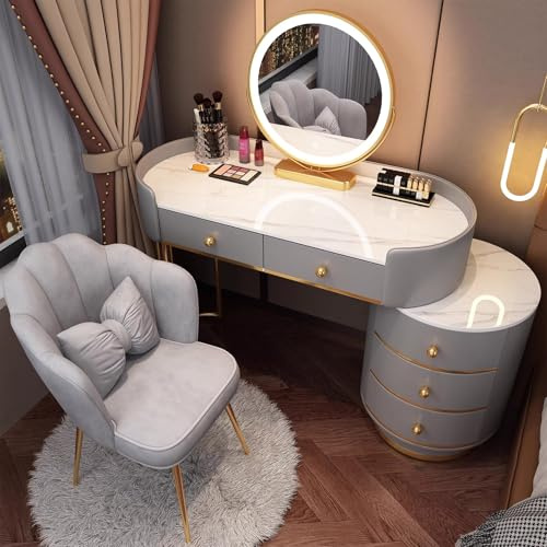 Juego de tocador LED con cajones, tocador con sillas, almacenamiento de cosméticos para niñas, muebles de dormitorio, diseño moderno, elegante y funcional