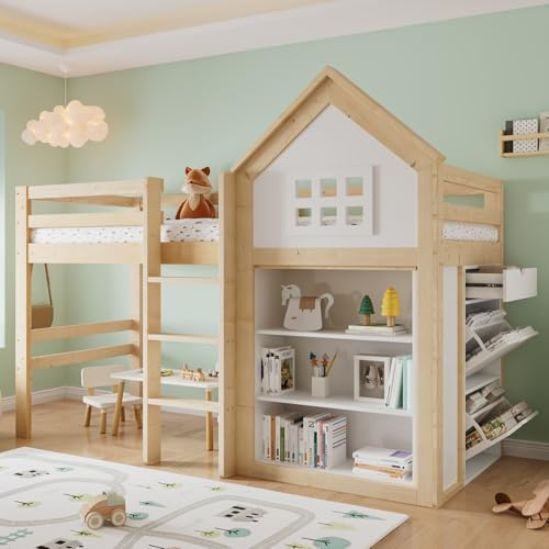 EURHCIO Lit Mezzanine 1 Place 90x200cm,Lit Cabane avec 2 Tiroirs de Rangement à 2 Niveaux Rabattables,Tiroir,3 Grandes étagères,Sommier à Lattes,pour Garçons Filles (D-Naturel, 90x200)