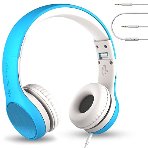 LilGadgets Connect+ Style On-Ear Kids Headphones with Microphone - SharePort Technology, SoftTouch Padding, Detachable Cable, Volume Limiting, Durable & Adjustable - Blue