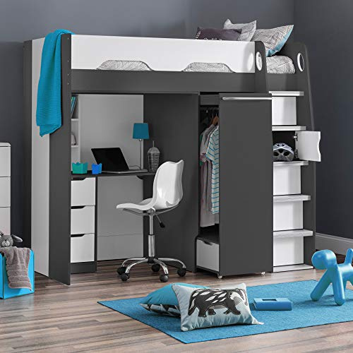 happybeds High Sleeper Storage Bed, Pegasus Grey Wood Modern Desk Wardrobe Drawers Cupboards Loft Bunk - 3ft Single (90 x 190 cm) Frame Only