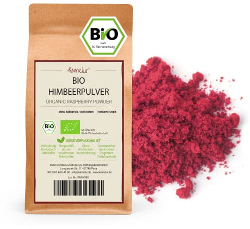 250g de poudre de fruits biologiques à base de framboises lyophilisées - poudre de framboises fruitée, finement moulue et sans additifs - dans un emballage biodégradable