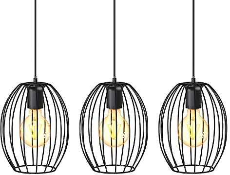 B.K.Licht Lampadario vintage, adatto per 3 lampadine E27 non incluse, largo 70cm, alto 112cm, lampada a sospensione con paralumi a filo, metallo nero