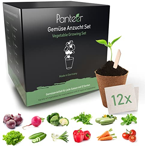 Panteer ® Anzuchtset Gemüsesamen - 12er Set - Mit Holzschilder und Kokoserde - Saatgut Gemüse Samen - MADE IN GERMANY - Garten Zubehör