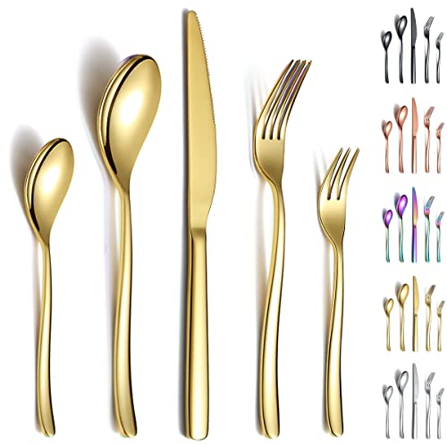 Berglander Gold Besteck-Set 30-teilig, Stabiler Edelstahl Titanium Besteck Goldenes Besteck-Set Rostfrei, Gabeln und Löffel Besteck Spülmaschinenfest