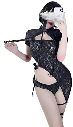 Temptshow Sexy Cheongsam trasparente pigiama vestito uniforme cosplay donna pizzo lingerie cinese costume (nero)
