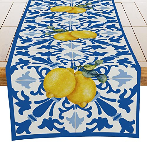 Dekorativer Tischläufer in blauem, italienischem Karomuster, für Esszimmer, Küche, Kommode, Party, Urlaub, Einweihungsgeschenk für Damen, Paar, neues Zuhause, 33 x 183 cm