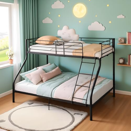 DORAFAIR Letto a Castello a 3 Posti con Barriera Sponda Anticaduta e Scaletta Letto per Cameretta 200 x 140/90 cm in Metallo, Noir