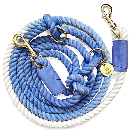 Hands Free Eco Friendly Handmade Multifunctional Cotton Rope Dog Leash 8.2 FT with Adjustable Double Swivel Hook for Medium and Large Dogs Running Hiking Camping Walking (Blue)