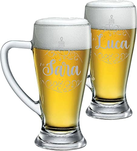 Colorfamily Coppia Boccali Personalizzati Set da 2 Boccali Birra Personalizzati con nome pallina Natale Bicchiere in Vetro 500 ml