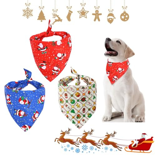 Bandanas de Noël pour Chiens - 3 Pièces Foulard, Écharpe de Père Noël, Bavoirs Réglables