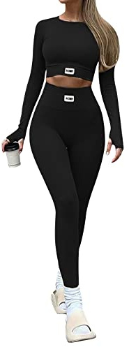Loalirando Completo Sportivo Donna Tuta da Ginnastica 2 Pezzi Tinta Unita Crop Top Manica Lunga Collo Rotondo + Pantaloni a Vita Alta Sportwear per Yoga Corso Palestra Fitness (Nero, M)