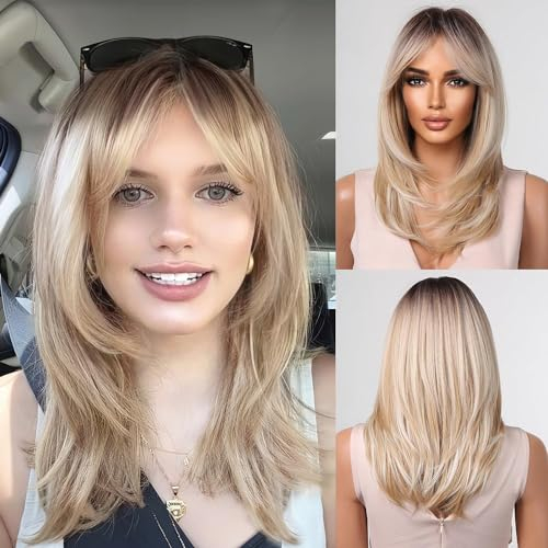 testar Blonde Perücke Für Frauen Schulter Lange Geschichtete Glatte Blonde Platin Bob Perücken Mit Pony Gemischte Weiße Natürliche Haare Synthetische Hitzebeständige Perücke Für Party Cosplay