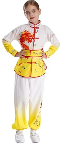 Xnihocha Mädchen Jungen Kung Fu Uniform Tai Chi Kampfkunst Kleidung Wushu Anzug Trainingsanzug Drache Gedruckt Tops Und Hose Gelb 170