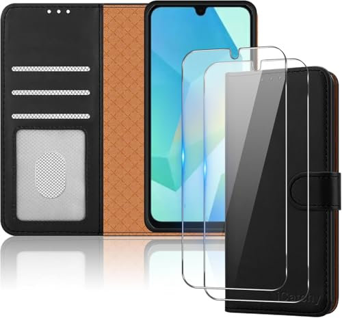 iCatchy for Samsung A16 Case with 2x Screen Protector Leather Magnetic Flip Cover Card Holder Kickstand Feature Full Protection Phone Cover Compatible with Galaxy A16 5G / 4G (Black)